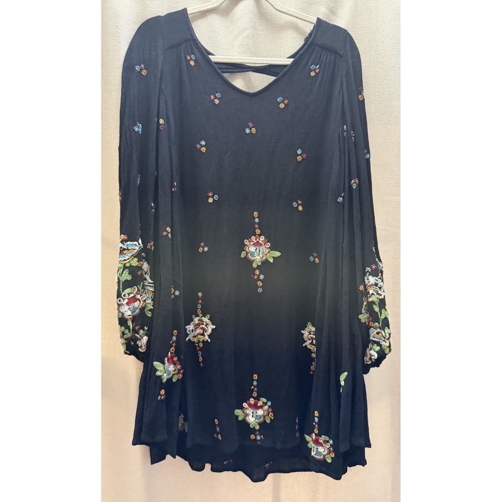 Free People Dress Women's Small Black Floral Embroidered Shift Long Sleeve